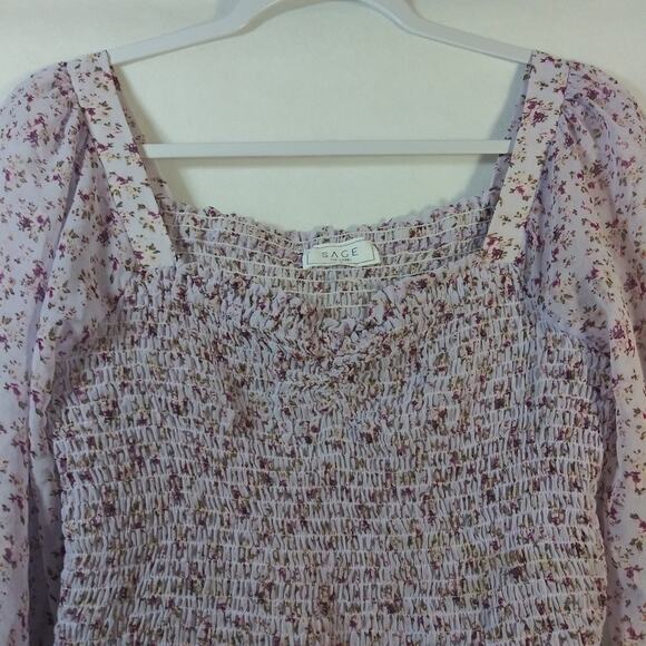 SAGE THE LABEL RUBY PURPLE FLORAL SMOCKED TOP SIZE L - Picture 4 of 7